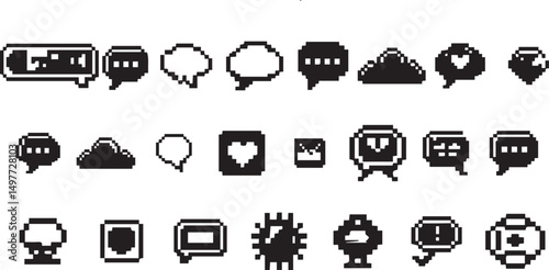 Pixel speech bubble set - 8 bit style chat boxes, dialogue balloons, emoticon icons on pink background. Retro collection of pixelated squares, circles, hearts and thought clouds. Nostalgic elements