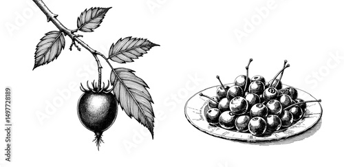 Indian gooseberry branch with leaves and berries on glass plate  