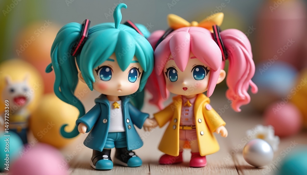 Fototapeta premium Two cute anime figurines holding hands. Colorful toys in the background. Anime characters with big eyes. Collectible toys, figures, pop culture collectibles. Anime art. Kawaii concept.
