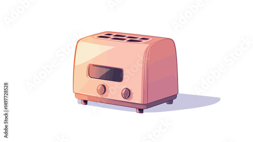 A digital illustration of a light pink retro-style toaster is presented against a stark white background. The toaster is depicted in a slightly stylized, cartoonish manner with a smooth, almost