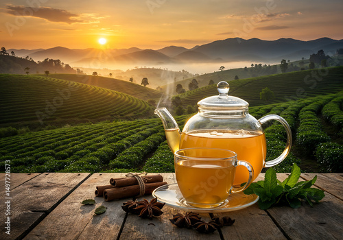 Steaming Glass Teapot and Tea Cup on Wooden Table at Sunrise – Herbal Tea with Spices Overlooking Green Tea Plantation