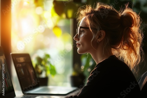Woman working on laptop in cozy interior, side profile, natural light, plants in background