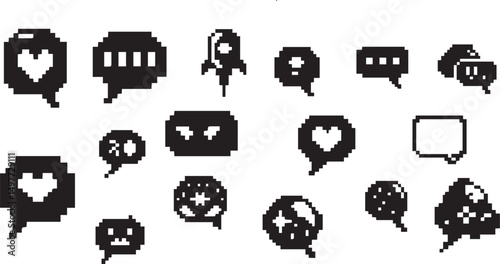 Pixel speech bubble set - 8 bit style chat boxes, dialogue balloons, emoticon icons on pink background. Retro collection of pixelated squares, circles, hearts and thought clouds. Nostalgic elements