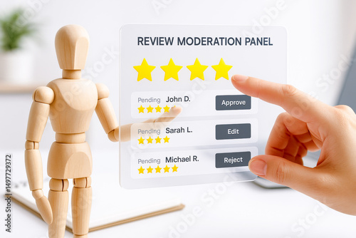 Wooden mannequin pointing review moderation panel with star ratings and approval options, conveying concept of customer satisfaction and online