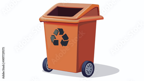 A digitally rendered image showcases an orange recycling bin equipped with wheels. The bin is rectangular with a slightly sloped lid featuring a small, rectangular opening.