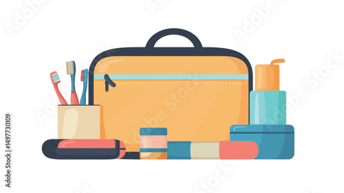 A digitally rendered, flat-lay vector illustration depicts a mustard-yellow toiletry bag positioned centrally against a stark white background. The bag is slightly angled.