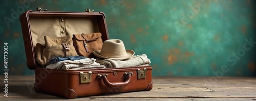 A stylish vintage suitcase sits open, revealing neatly folded clothing and antique accessories, ready for a nostalgic journey Perfect for travel, adventure, and retro themes , hat, explorer, fabric