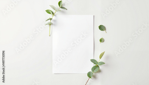 Blank paper sheet surrounded by green eucalyptus leaves  