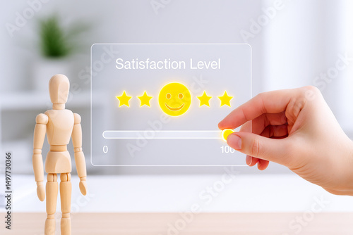 Hand adjusting satisfaction level indicator with smiley face and star ratings, conveying positive online review feedback and customer satisfaction