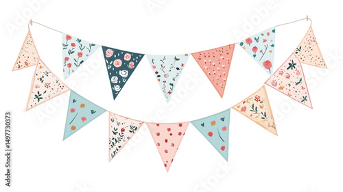 A digital image showcasing a floral bunting banner. The banner consists of multiple triangular flags strung together on a white string. Each flag features a unique pastel-toned floral pattern.