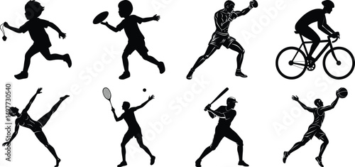 set of silhouettes  vector child playing tag , child playing with a frisbee, human boxing of different professions on white background