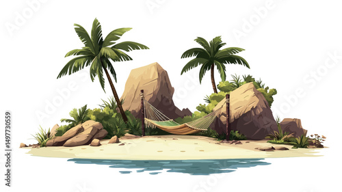 The image is a digital painting depicting a small tropical island with two prominent, light beige rock formations centrally positioned, flanked by two vibrant green palm trees.