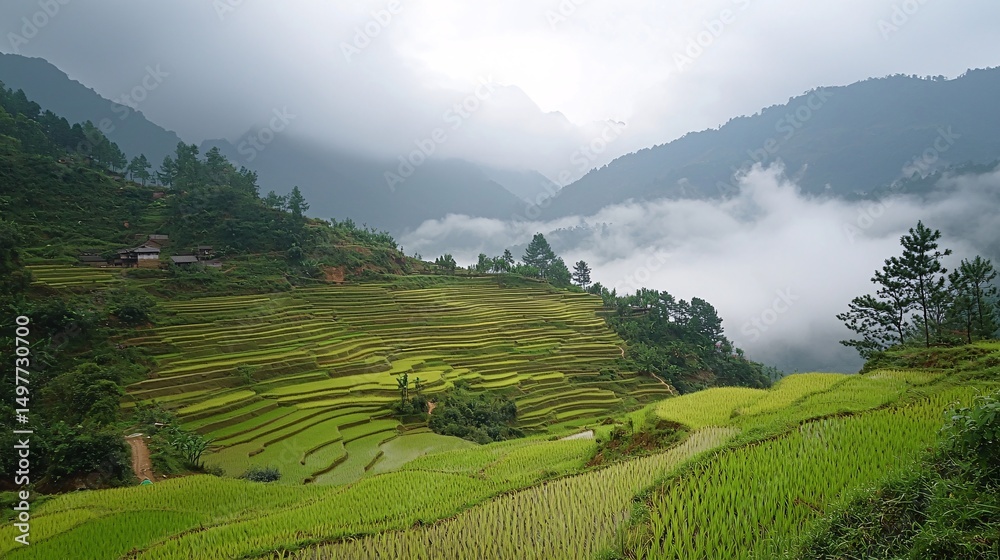 Obraz premium Majestic Monsoon Clouds Dramatically Hovering Over Lush Green Rice Field
