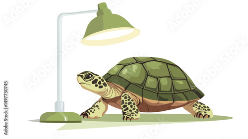 The image is a digital illustration depicting a green tortoise positioned on a light-toned surface, with a green desk lamp illuminating it from above. The tortoise is rendered with detailed texture.