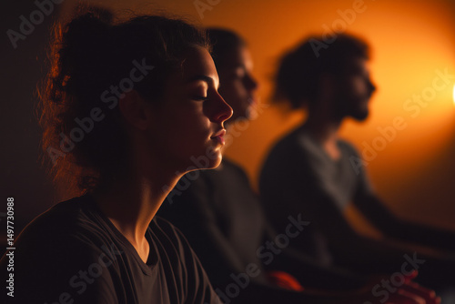 Meditation class, with participants seated on cushions, eyes closed, focusing on their breath in a peaceful, dimly lit room