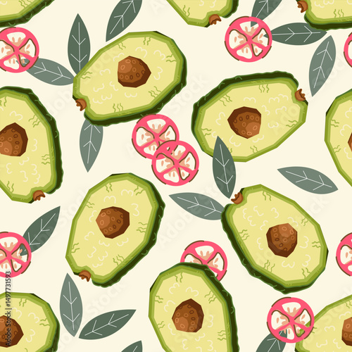 Avocado and hot pepper seamless pattern design. Avocado vegetables pattern for food packaging and kitchen prints, cosmetics, hand drawn simple style vector illustration.