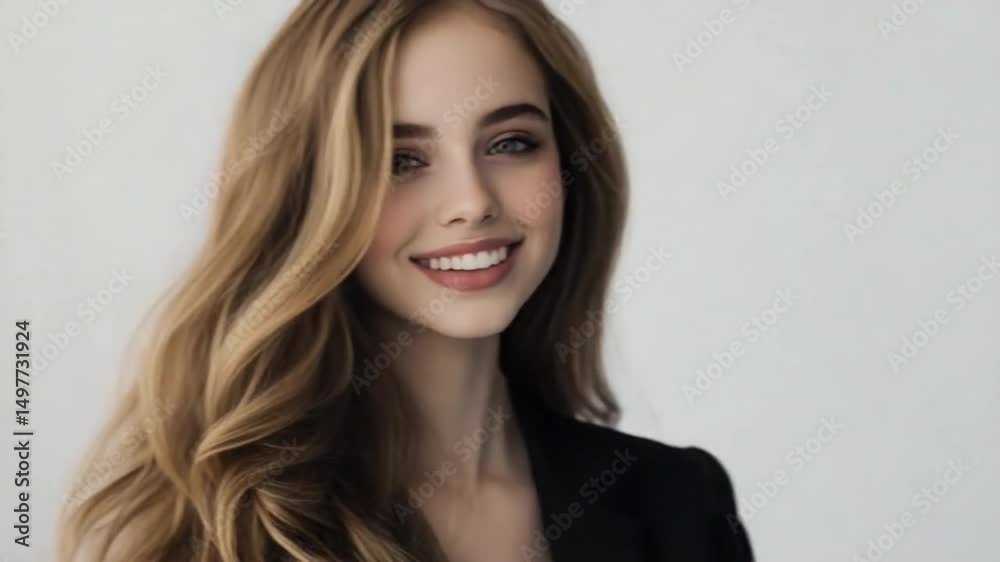 Radiant Smile: A portrait of a captivating woman with flowing blonde hair and a genuine, radiant smile. Her eyes exude warmth, and her expression reflects joy and confidence.
