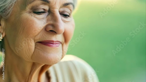 Horizontal video, elderly woman, grandmother joyfully smiling at sunrise or sunset