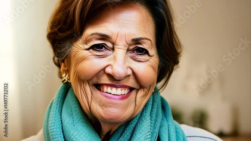 Horizontal video, joyful elderly woman, grandmother smiling in a turquoise, light blue scarf or shawl