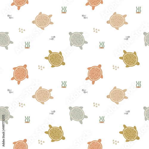 Turtle cartoon so cute. On seaweed fish white background. Pattern seamless vector illustration. 