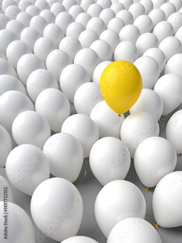 Yellow balloon stand out from all similar white crowd - concept of dare to be different - Be unique and stand out from the crowd to be more noticeable than others