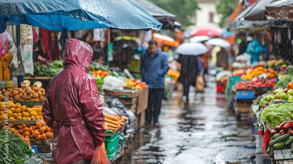 Fototapeta premium Bustling Outdoor Market on a Rainy Day with People in Colorful Raincoats