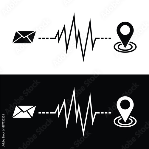 Minimalist Email to Location Transfer Icon with Signal Waveform Black and White Design Vector