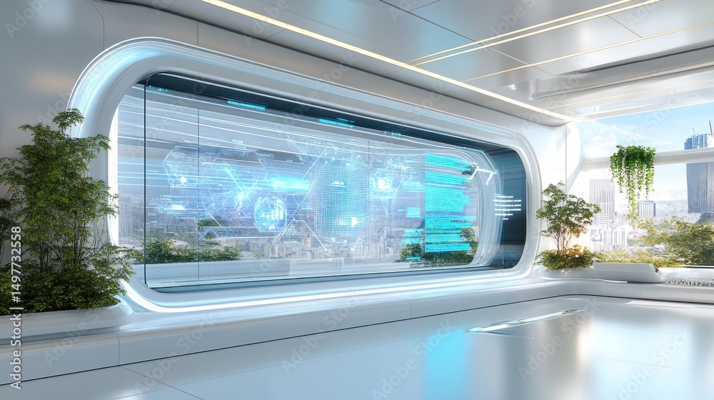 Fototapeta premium Futuristic interior with interactive display showing data visualizations and city view.