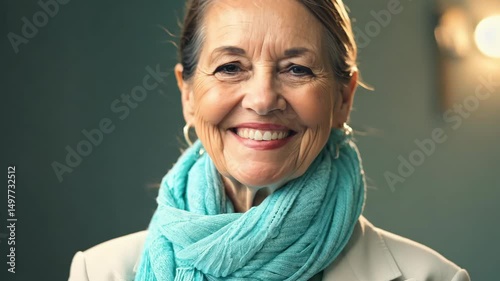 Horizontal video, joyful elderly woman, grandmother smiling in a turquoise, light blue scarf or shawl