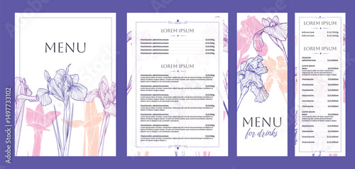 Colorful food and drinks menu designs. Restaurant menu template. Beautiful vector A4 format with high quality flowers for print and online usage. Saturated hand drawn line art iris illustrations. 