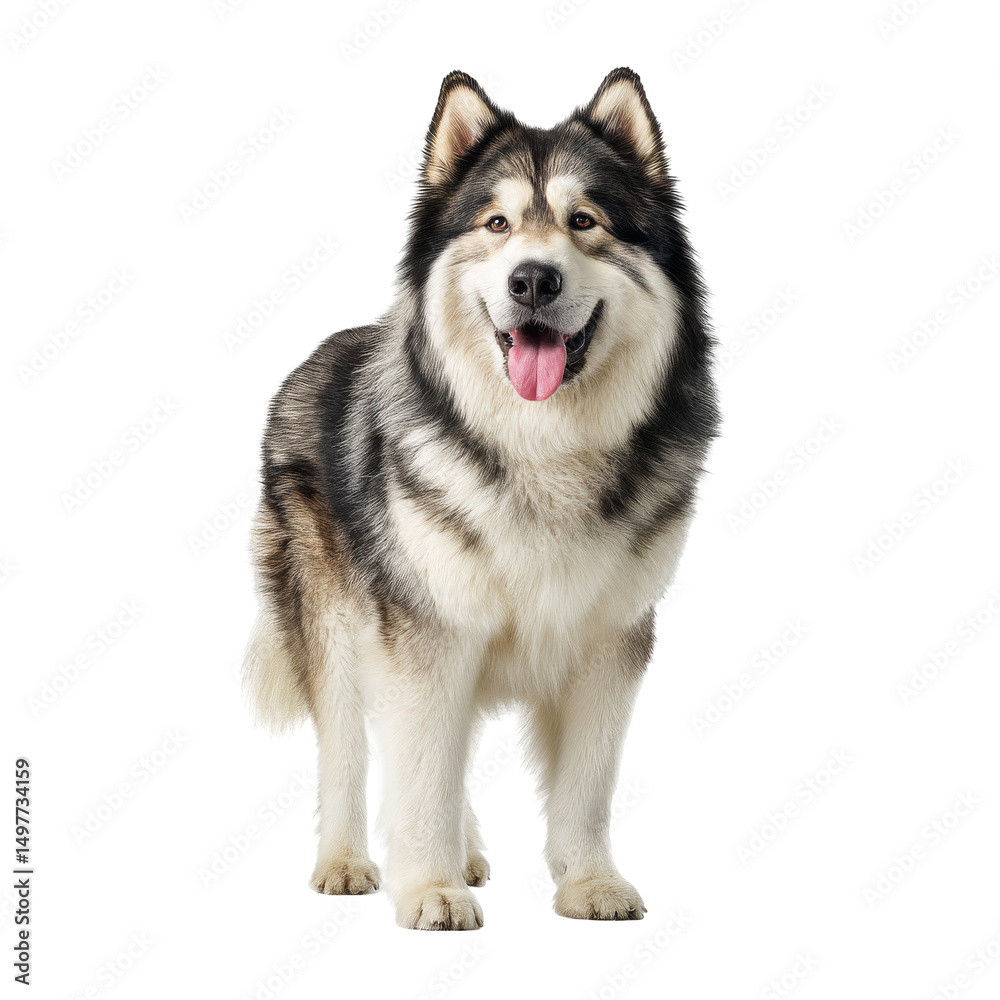 Fluffy siberian husky, playful and energetic dog standing proudly, showcasing thick fur and striking blue eyes, capturing attention. Isolated on white background or PNG Fluffy siberian husky, playful and energetic dog standing proudly, showcasing thick fur and striking blue eyes, capturing attention. Isolated on white background or PNG