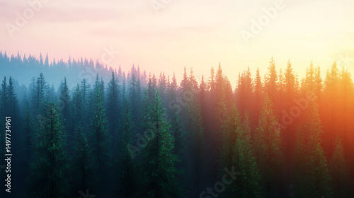 Serene forest landscape at sunset, showcasing tall evergreen trees with gradient of colors in sky. scene evokes tranquility and natural beauty