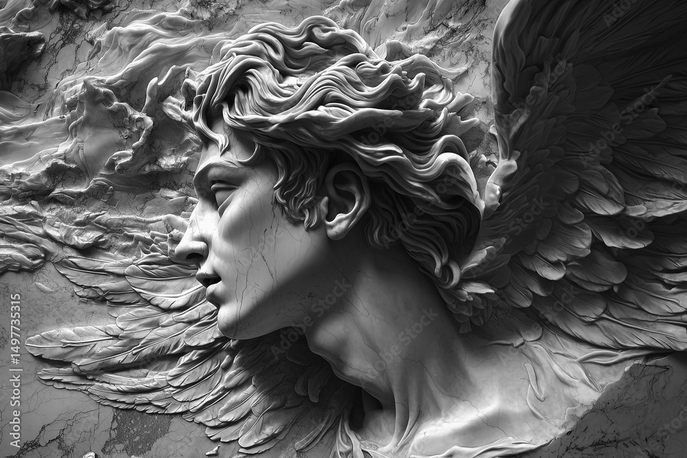 Fototapeta premium Daedalus and Icarus. Ancient Greek and Roman mythology. Marble bas-relief. Horizontal black and white image.
