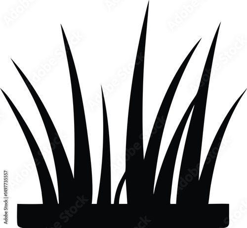 Black silhouette of grass blades growing together is presented against a transparent background