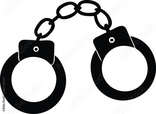 A simple monochrome shows open black handcuffs linked together with a chain on white