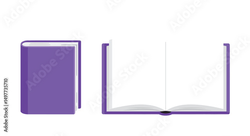 Different book positions, open and closed, blank pages, purple hardcover book illustration