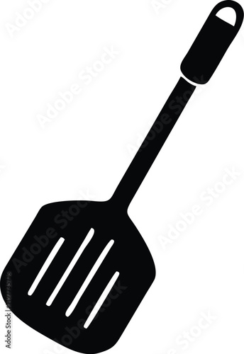 A simple black spatula with four slots is displayed on a transparent background