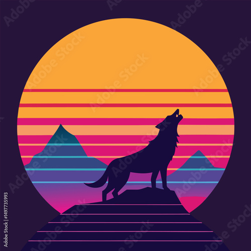 Retro Sunset Wolf Silhouette 80s Synthwave Art Print