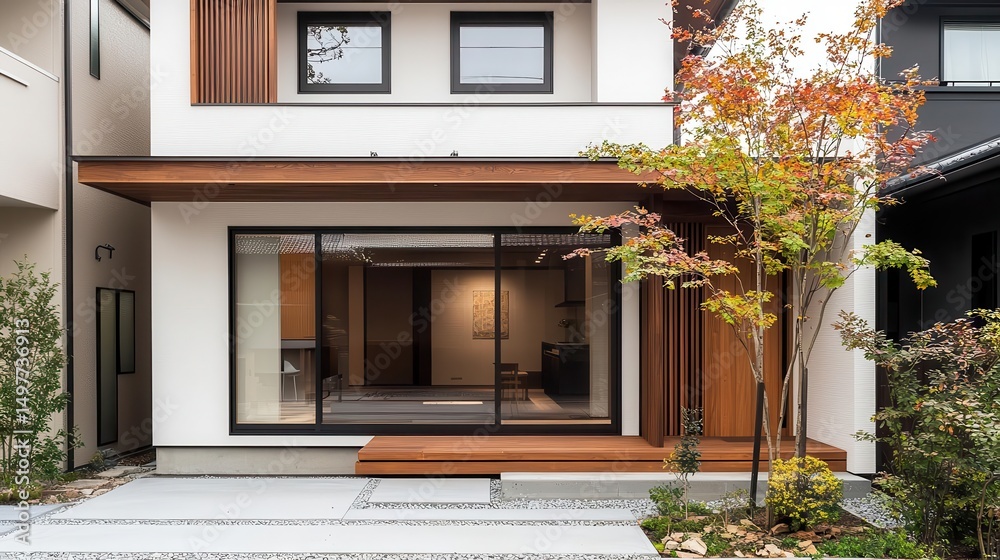 Fototapeta premium Fusionstyle Japanese townhouse with exposed wooden framework, clean lines, and neutral tones
