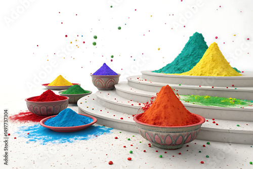 3d Rendering Illustration For Podium Holi Festival Of Colors Colorful Gulaal Powder Colorgulal white Background Ai generate.