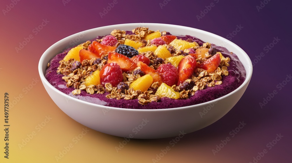 A vibrant acai bowl topped with fruit and granola in a white bowl. A vibrant acai bowl topped with fruit and granola in a white bowl.