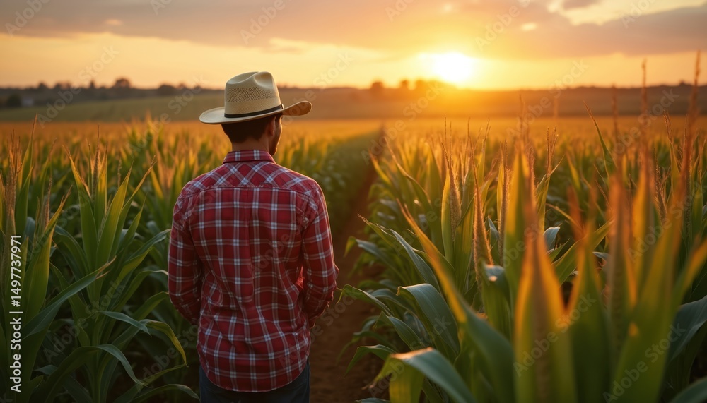 Fototapeta premium Farmer or agronomist at corn field at sunset. Man in plaid shirt and hat walks among corn rows, inspecting crop. Agriculture, farming, harvest concept.