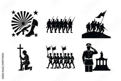 Military Veterans Saluting the Flag Silhouette