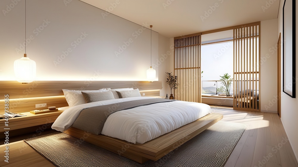 Modern JapandiMuji fusion bedroom with a warm neutral palette, soft linen bedding, and handcrafted decor Modern JapandiMuji fusion bedroom with a warm neutral palette, soft linen bedding, and handcrafted decor