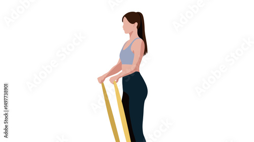 The image showcases a full-length side profile view of a slender young woman with long brown hair tied back. She is depicted against a clean white background, and is performing a resistance band