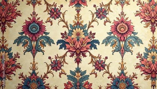 Intricate floral damask pattern on vintage-style backdrop , golden, pattern