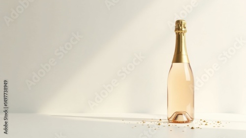 A single bottle of sparkling ros? wine rests on a pristine white surface, adorned with scattered golden confetti, bathed in soft, natural light.
