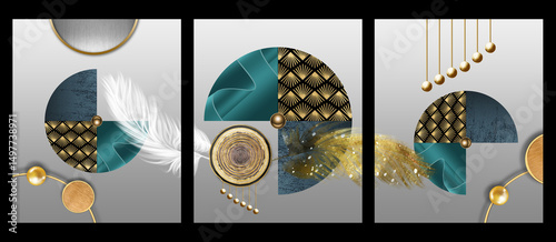Fototapeta Naklejka Na Ścianę i Meble -  3d modern wall canvas frame art. with golden circles, lines, and feathers on gray background	
