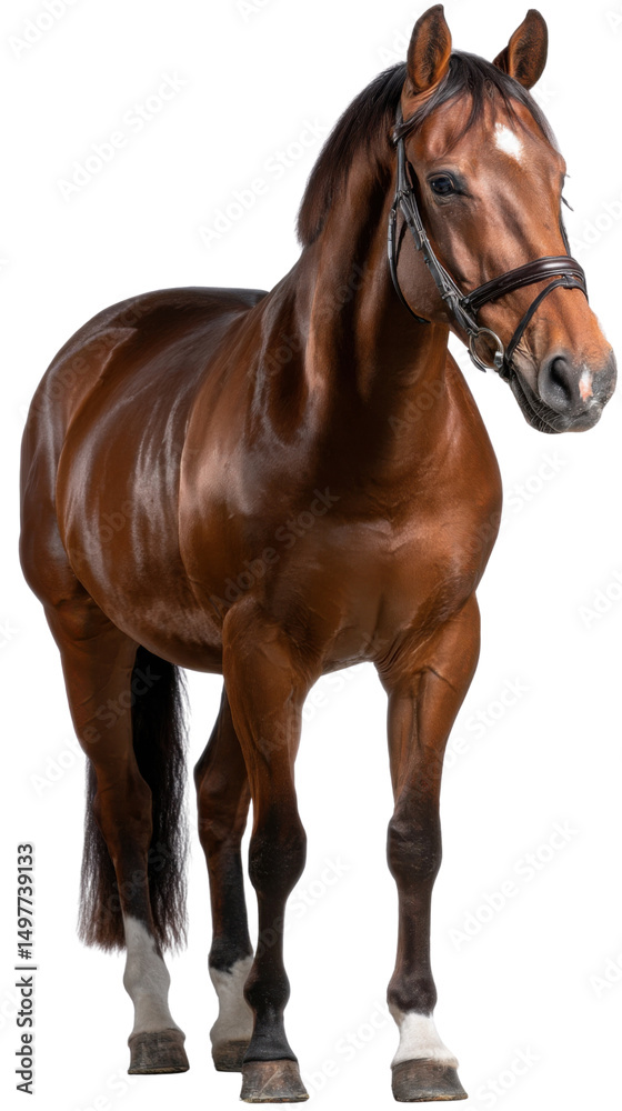 Fototapeta premium Majestic Brown Horse: A striking brown horse, with a glossy coat and focused gaze, stands proudly, showcasing its beauty and strength.