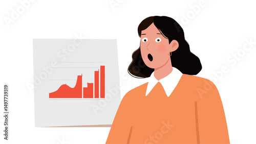 The image is a vector illustration featuring a young woman with shoulder-length dark hair, wearing an orange sweater and white collared shirt. Her expression is one of wide-eyed shock.